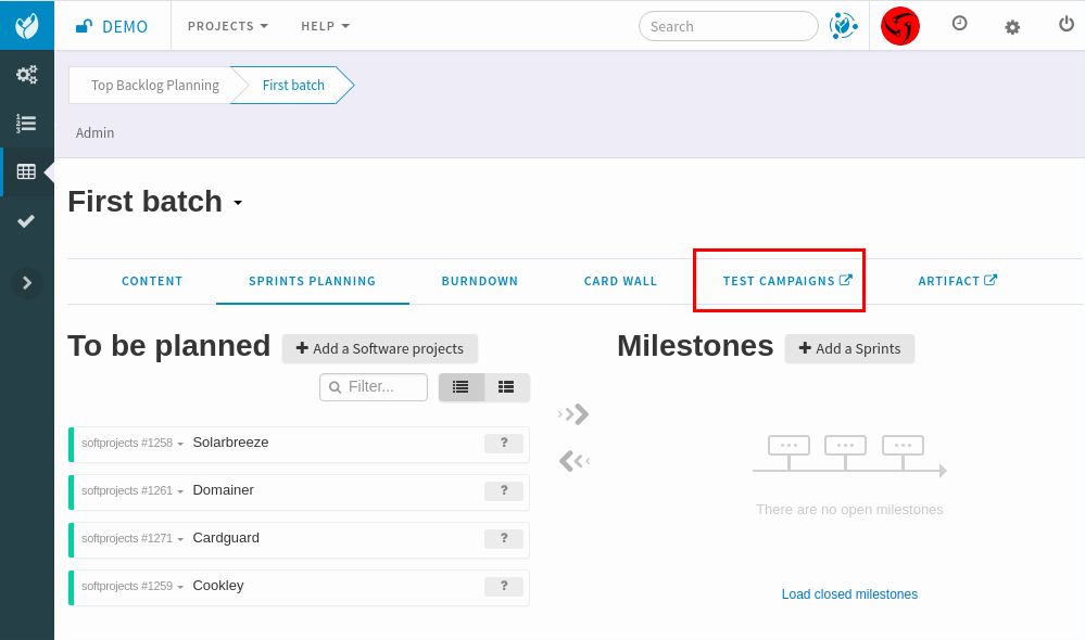 Go to test campaigns from an agile dashboard milestone