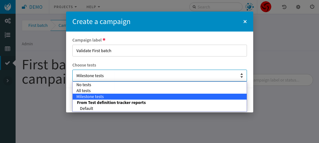 Create a test campaign from the milestone