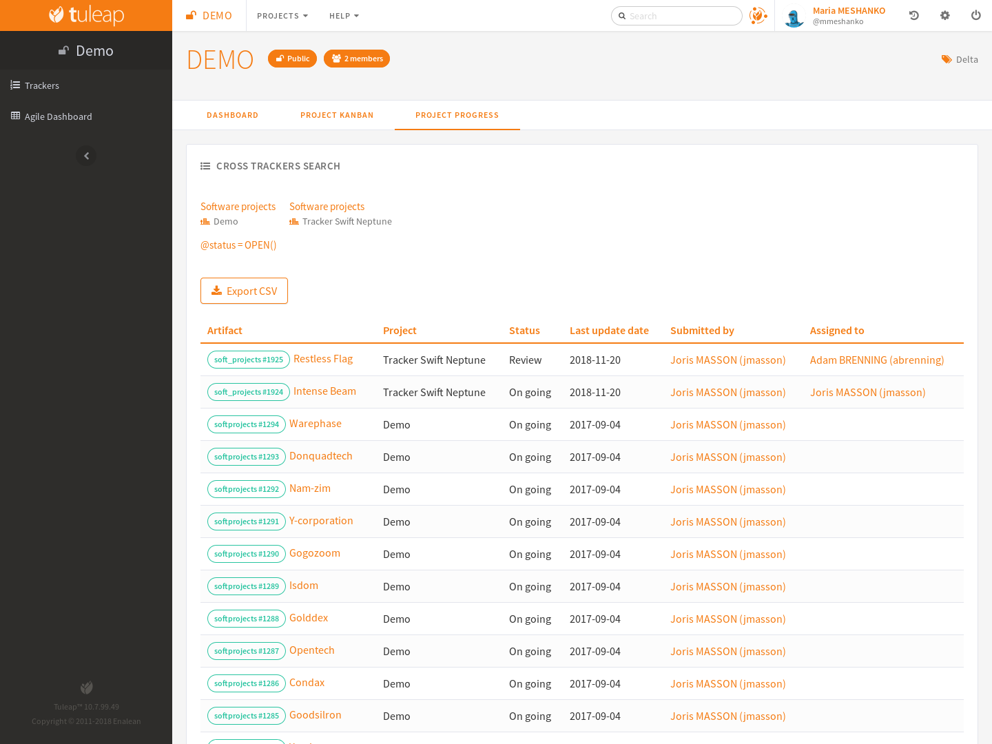 Example of dashboard with cross-tracker widget