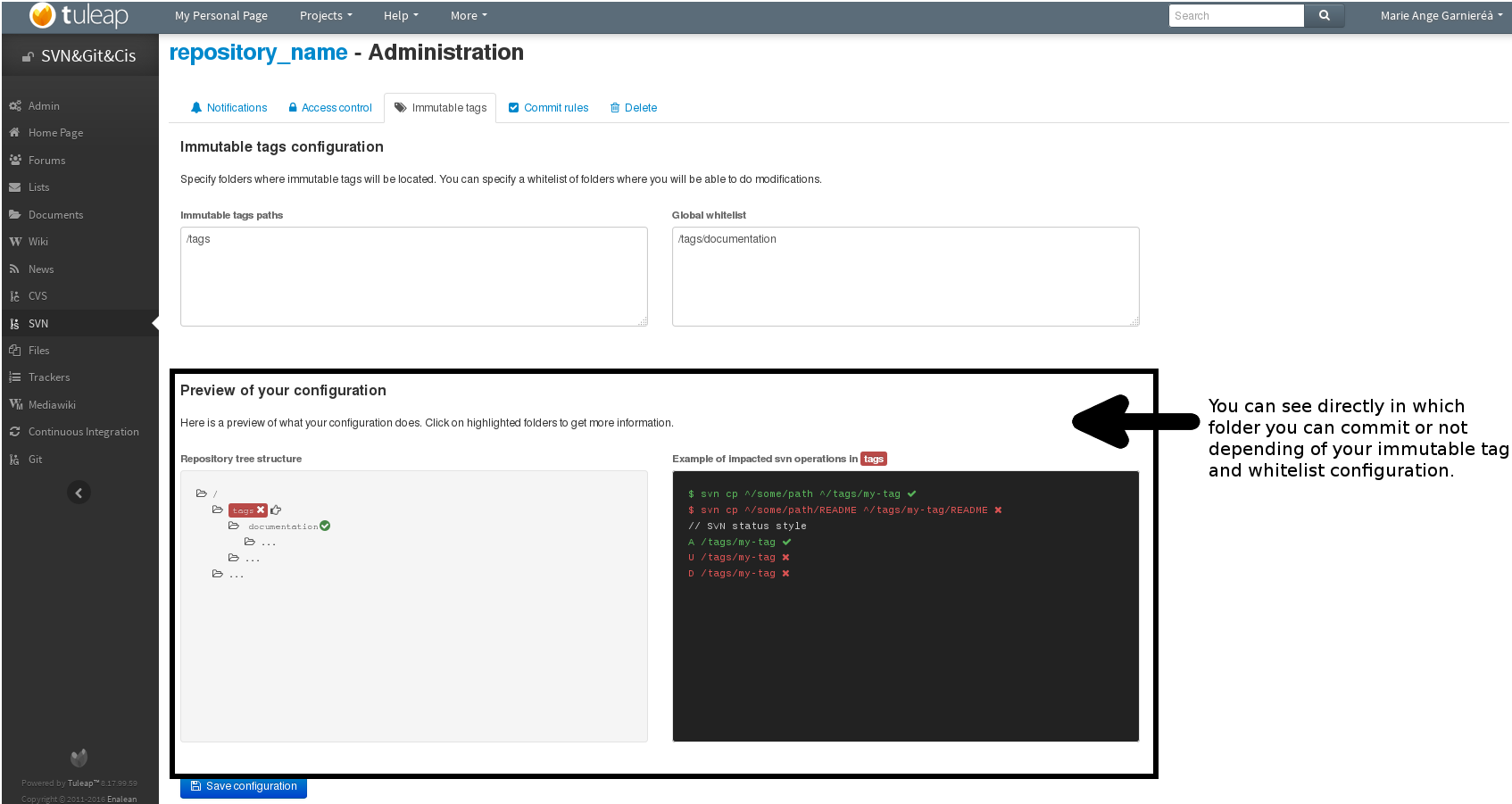 Immutable tags Tuleap interface