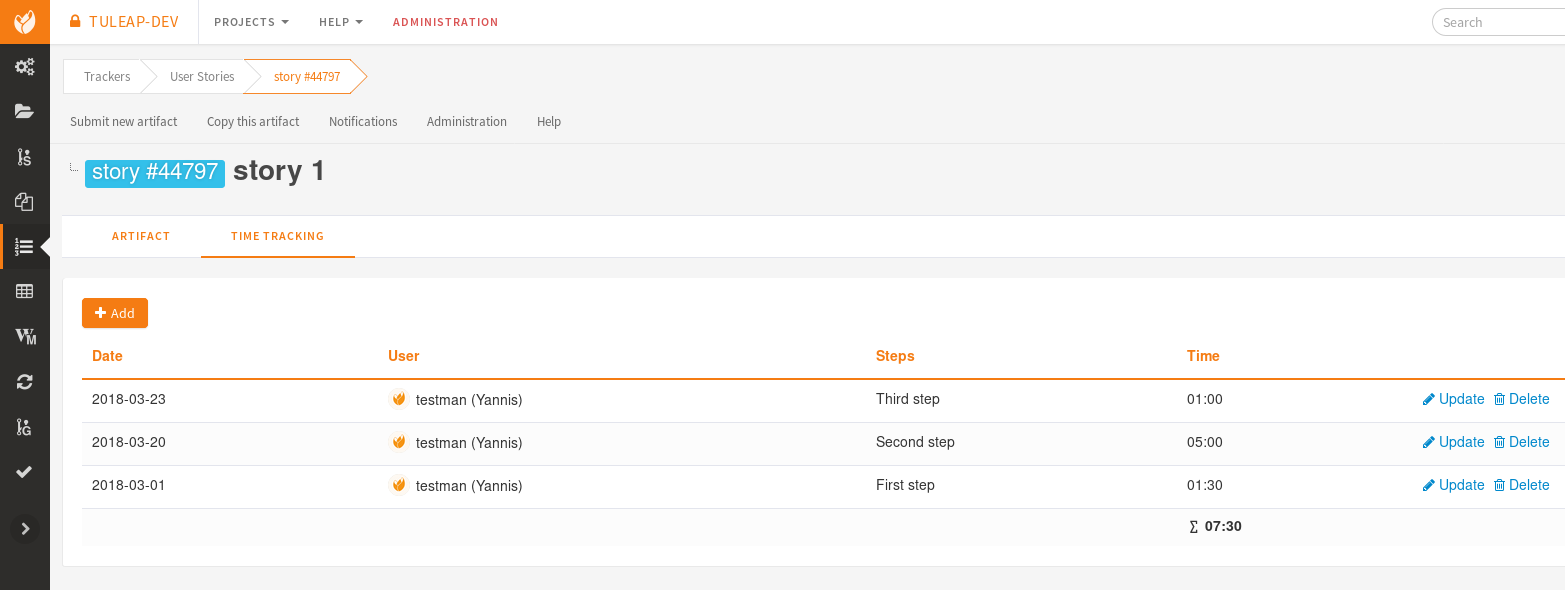 Timetracking artifact times view